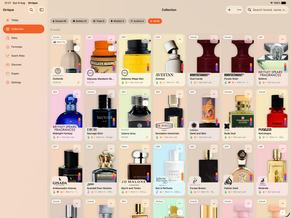 Orrique Collection on iPad with sidebar navigation, collection filters, and a populated fragrance grid.
