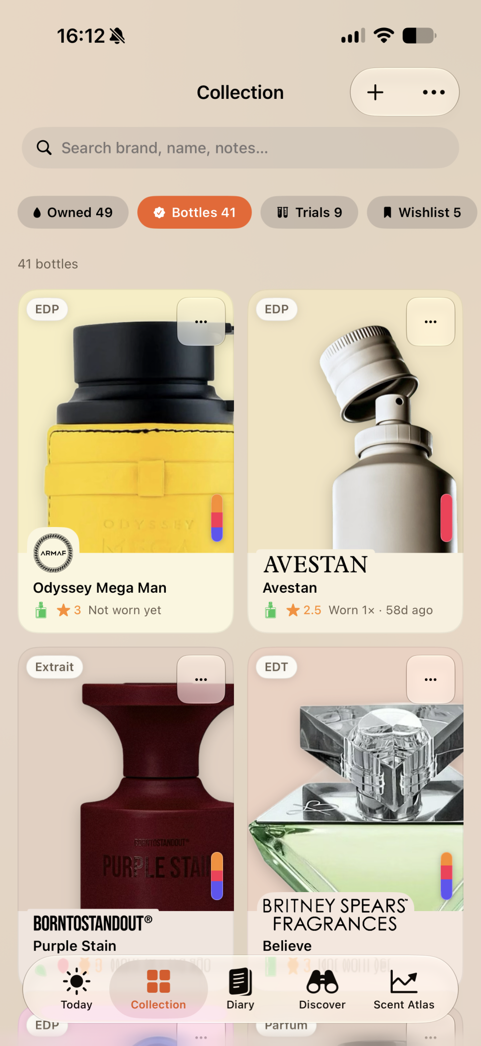 Orrique Collection on iPhone showing bottle cards, ratings, search, and collection filters.