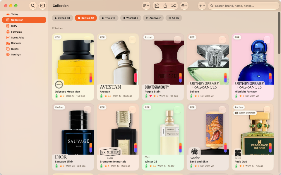 Preview of Orrique Collection on Mac with sidebar navigation, bottle filters, and a populated fragrance grid.