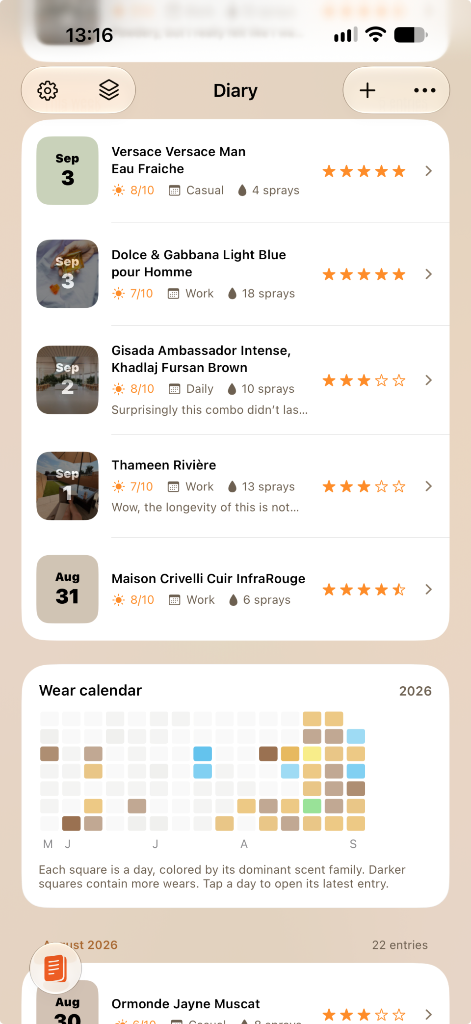 Orrique Diary on iPhone with recent fragrance entries, ratings, wear notes, and a wear calendar.