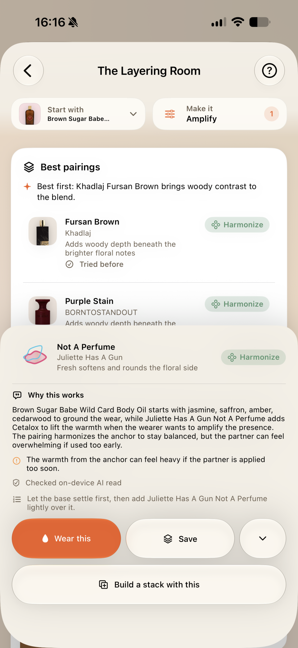 The Layering Room on iPhone with a starting fragrance, suggested partners, and an expanded pairing explanation.