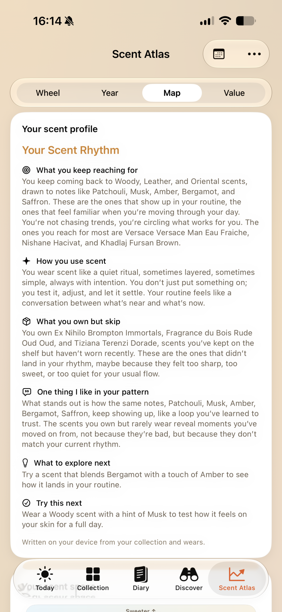 Orrique Scent Atlas on iPhone with a written Scent Profile covering favourites, overlooked fragrances, and notes to explore.