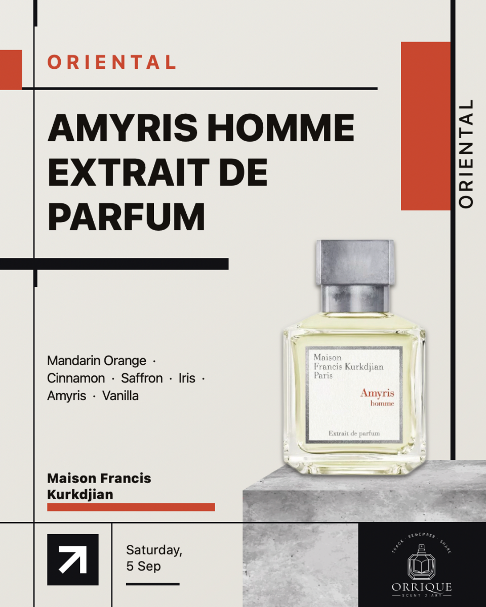 An Orrique card for Amyris Homme Extrait de Parfum, with the bottle, fragrance notes, red blocks and black rules on a cream background.