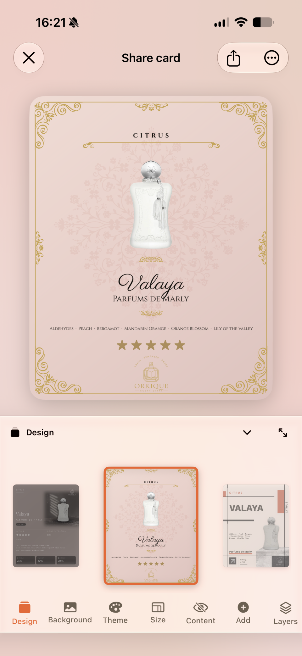 Share Studio on iPhone with a fragrance card preview and editing controls.