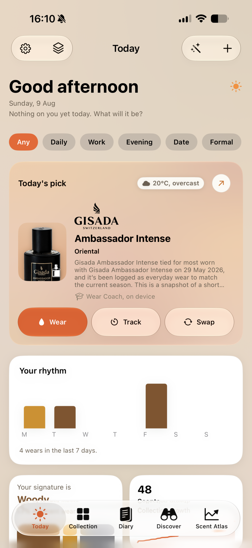 Today in Orrique on iPhone, with a fragrance to wear and recent wear history.