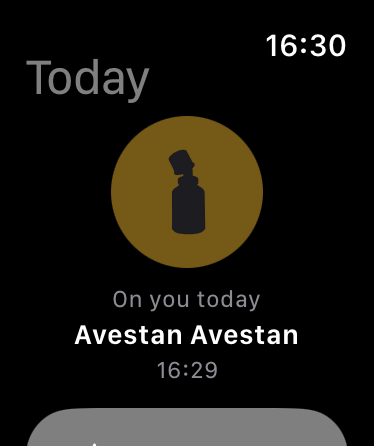 Orrique on Apple Watch showing Avestan as today's fragrance.